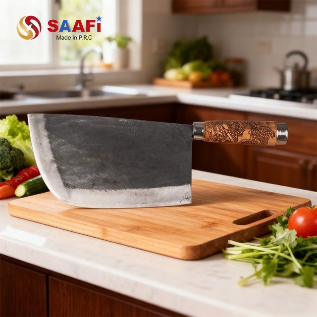 Hand-Forged Carbon Steel Chinese Cleaver with Carved Wooden Handle – Durable Kitchen Butcher Knife