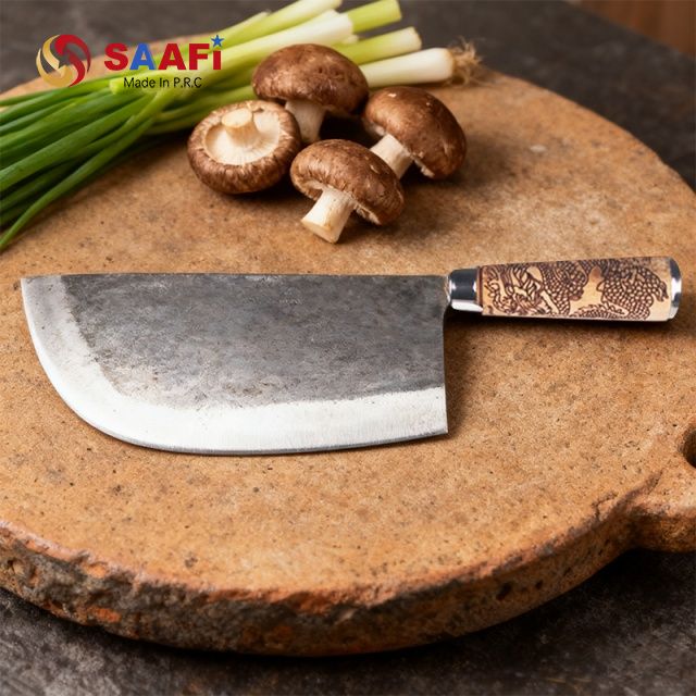 Hand-Forged Carbon Steel Chinese Cleaver with Carved Wooden Handle – Durable Kitchen Butcher Knife