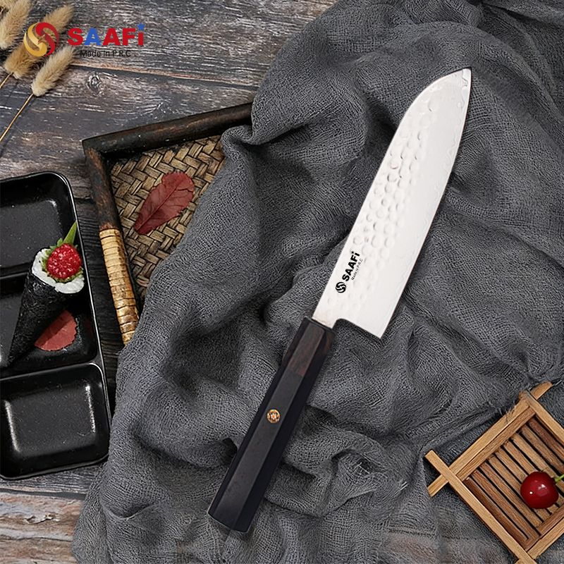 Hammered Chef Knife with Wooden Handle – Japanese Style Stainless Steel Multipurpose Kitchen Knife