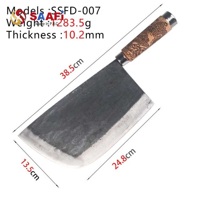 Hand-Forged Carbon Steel Chinese Cleaver with Carved Wooden Handle – Durable Kitchen Butcher Knife