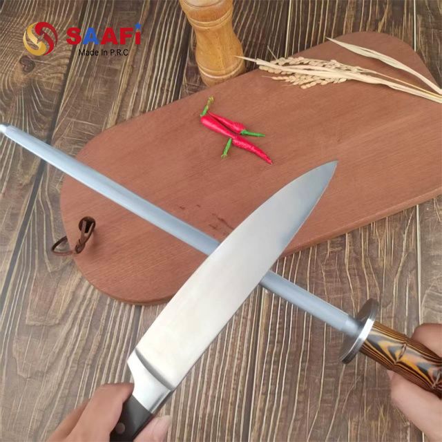 Wood Pattern Handle Honing Steel – Precision Knife Sharpening Rod for Chefs & Home Kitchens