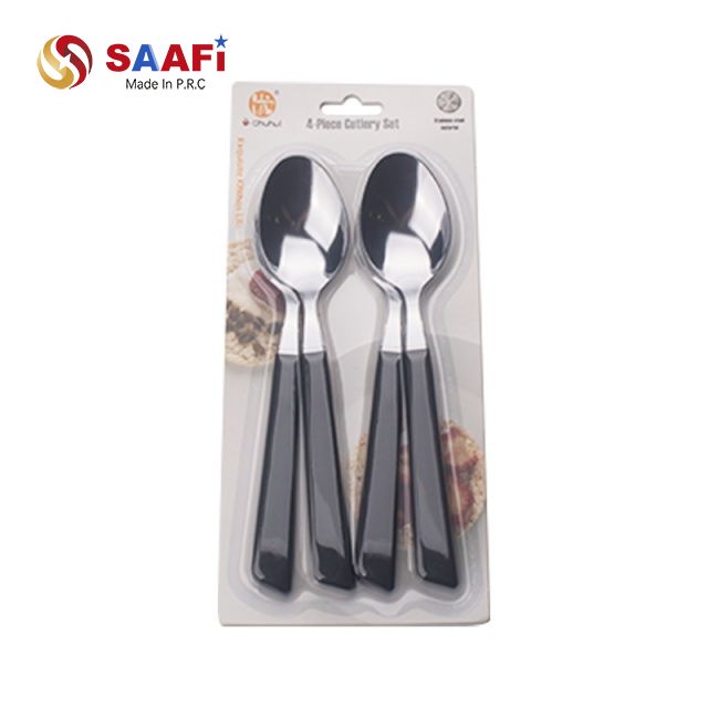 4 Piece Stainless Steel Spoons Set with Plastic Handles – Blister Card Cutlery Set for Home & Kitchen