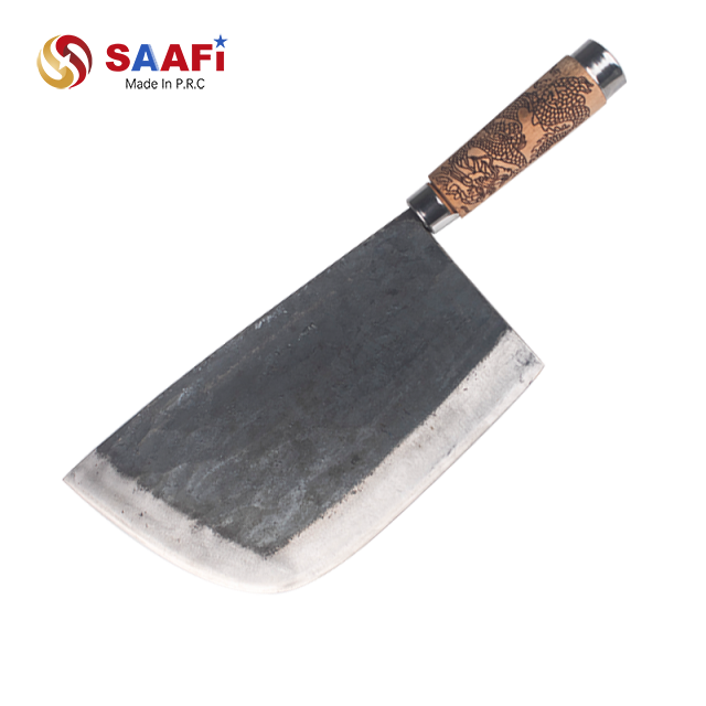 Hand-Forged Carbon Steel Chinese Cleaver with Carved Wooden Handle – Durable Kitchen Butcher Knife