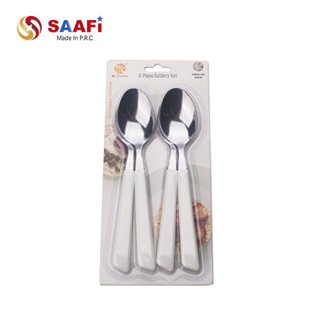 4 Piece Stainless Steel Spoons Set with Plastic Handles – Blister Card Cutlery Set for Home & Kitchen