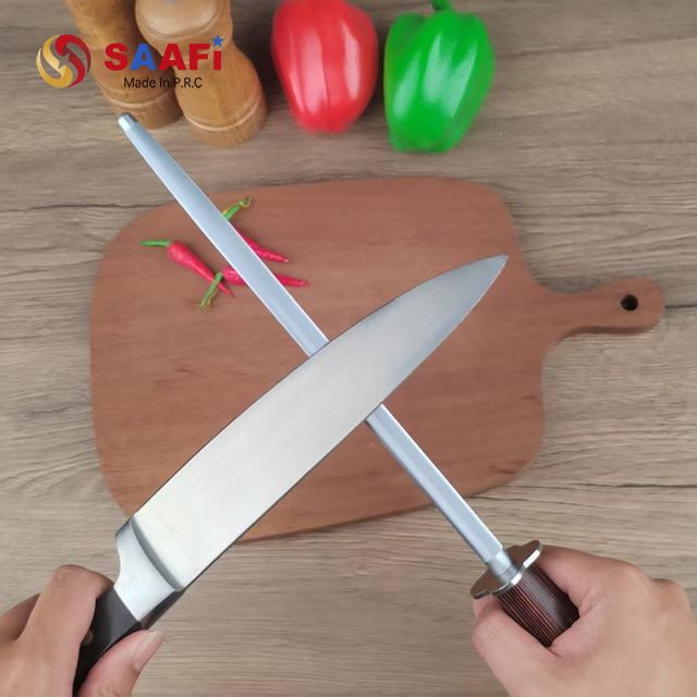Professional Stainless Steel Honing Steel with Wood Grain Plastic Handle – Kitchen Knife Sharpening Rod
