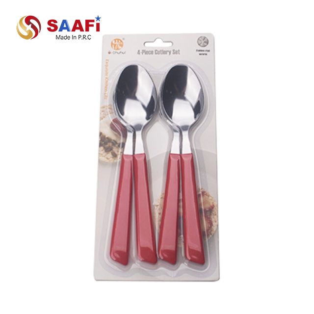 4 Piece Stainless Steel Spoons Set with Plastic Handles – Blister Card Cutlery Set for Home & Kitchen