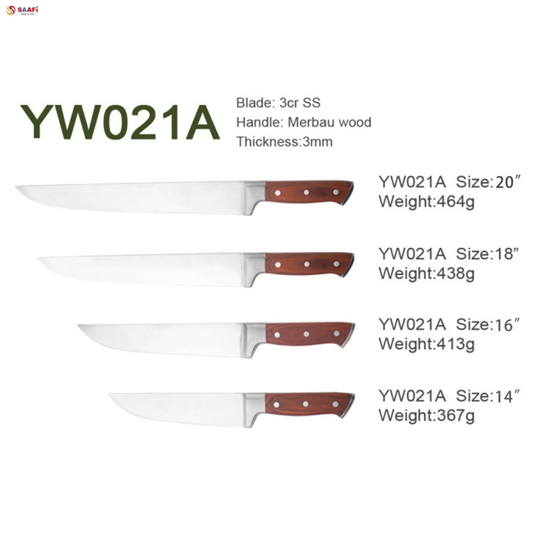 Professional Chef Knives with Merbau Wooden Handle – 14″ To 20″ Stainless Steel Blades