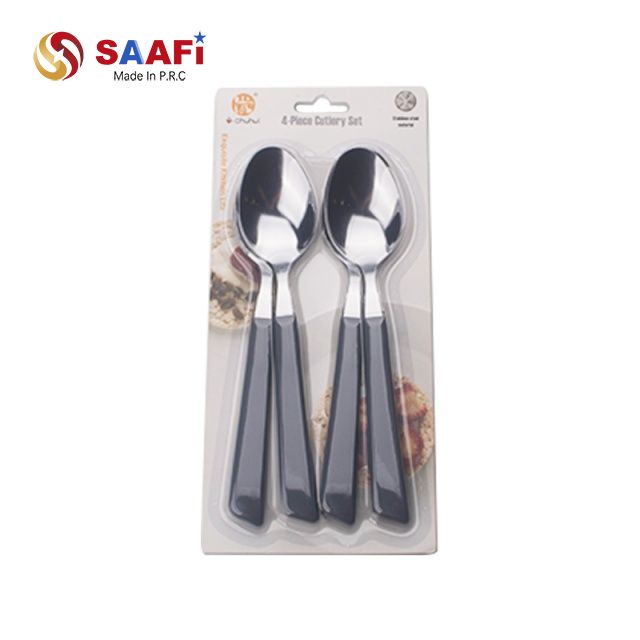 4 Piece Stainless Steel Spoons Set with Plastic Handles – Blister Card Cutlery Set for Home & Kitchen
