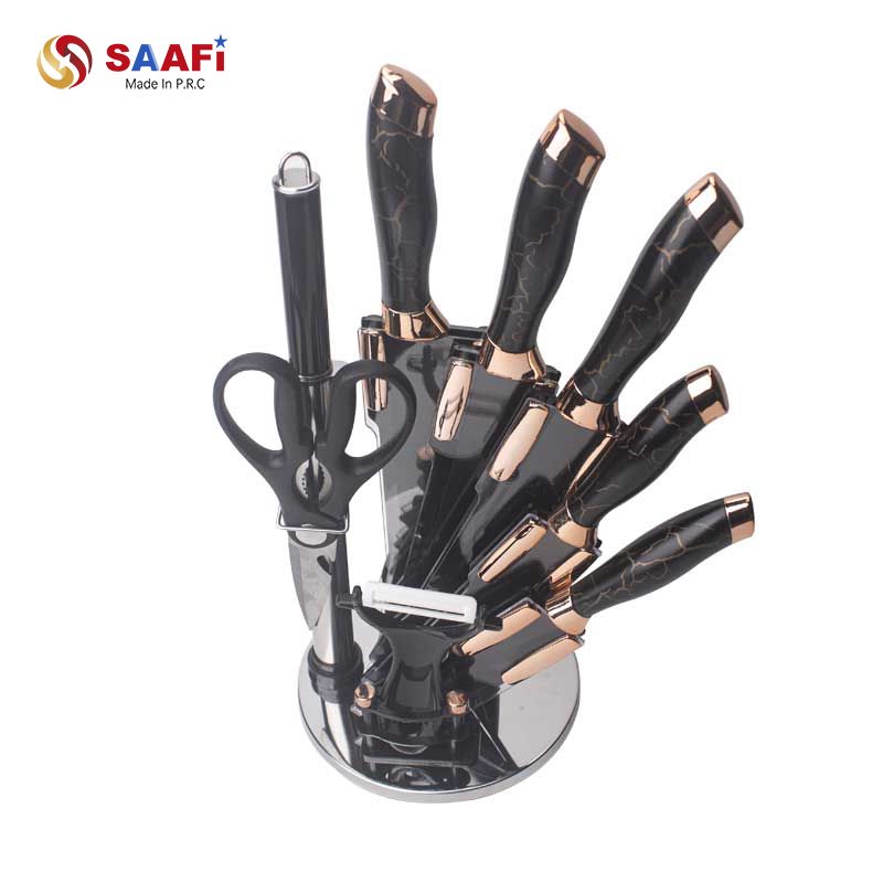 Luxury Black Marble Handle Knife Set with Rotating Acrylic Block And Rose Gold Finish