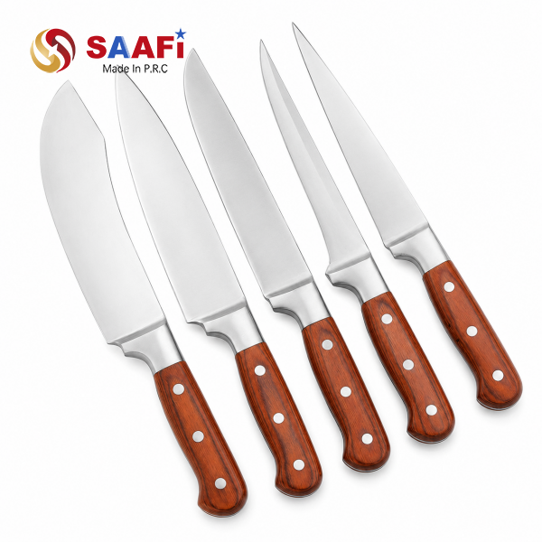 5-Piece Stainless Steel Kitchen Knife Set with Wooden Handle for Professional Kitchen Supply