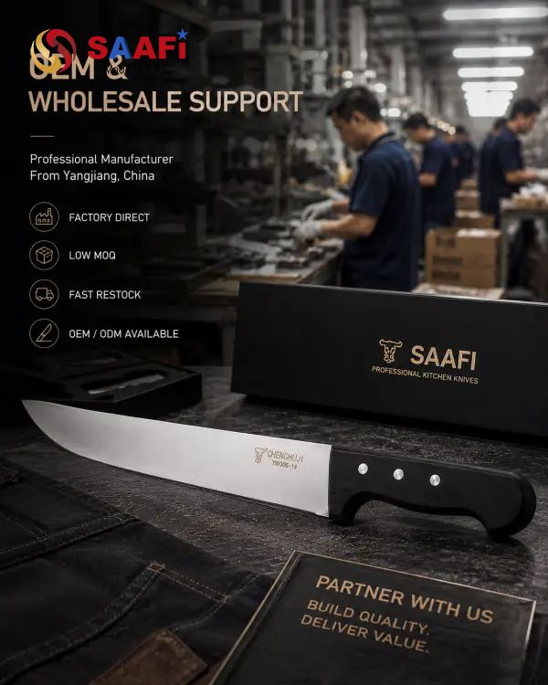 Professional Long Blade Butcher Knife with Black Triple-Rivet Handle for Commercial Kitchens