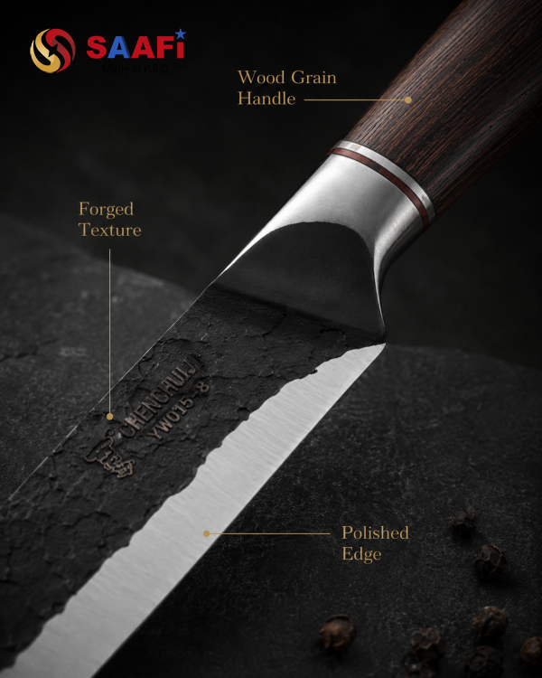 Forged Texture Stainless Steel Chef Knife with Dark Wood Handle for Professional Kitchens