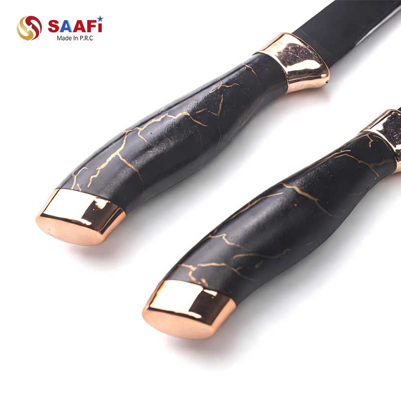 Luxury Black Marble Handle Knife Set with Rotating Acrylic Block And Rose Gold Finish