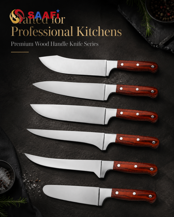 Professional Wood Handle Kitchen Knife Set for Butcher, Chef, Slicing And Utility Use