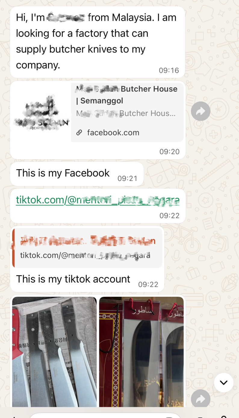 A screenshot of a customer's first private message to us on TikTok.