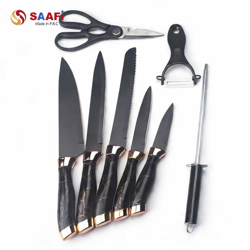 Luxury Black Marble Handle Knife Set with Rotating Acrylic Block And Rose Gold Finish