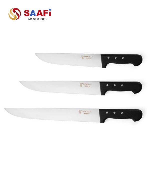Professional Long Blade Butcher Knife with Black Triple-Rivet Handle for Commercial Kitchens