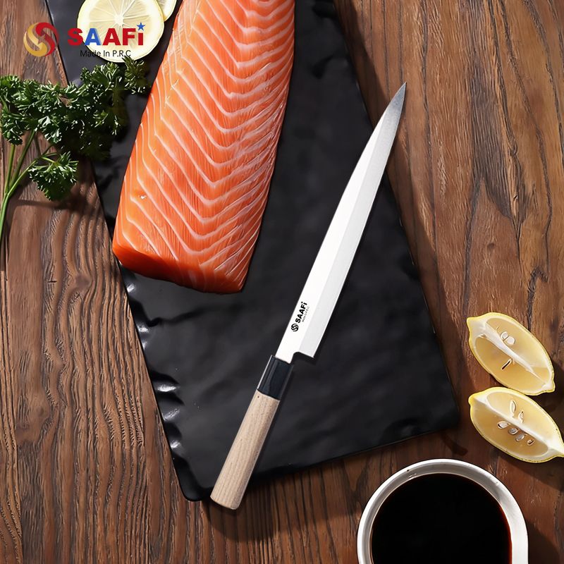 Premium Japanese Sashimi Knife – Long Blade Sushi & Salmon Slicing Knife with Wooden Handle
