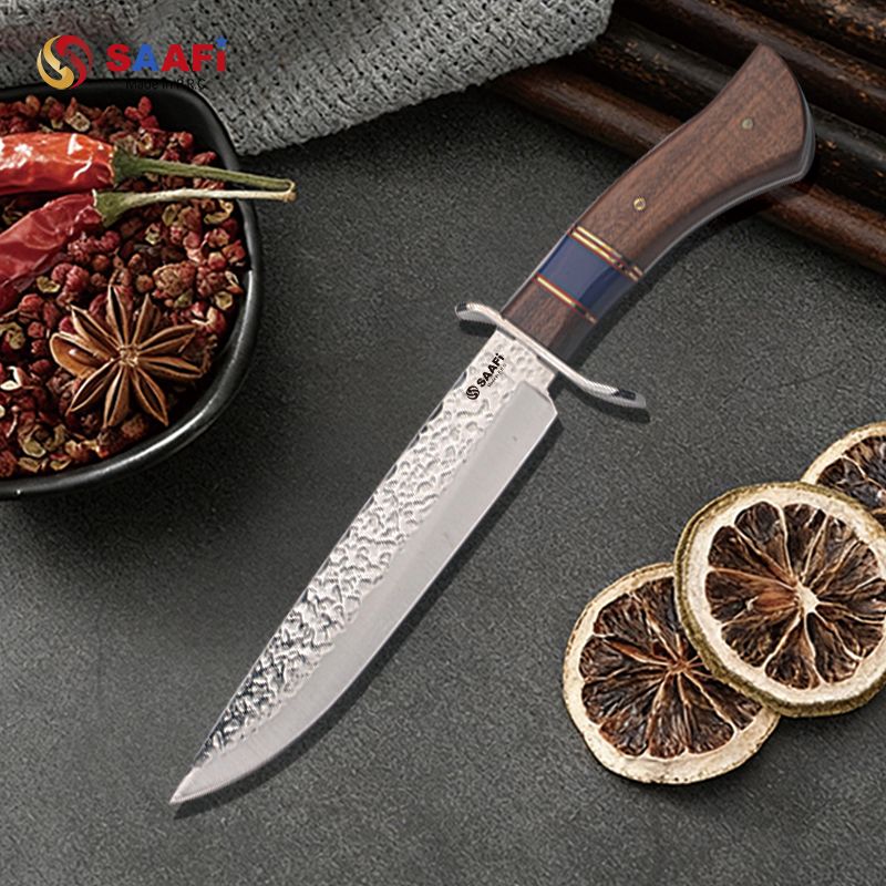 Hand Forged Damascus Pattern Hunting Knife with Wooden Handle And Guard – Outdoor Survival Fixed Blade Knife