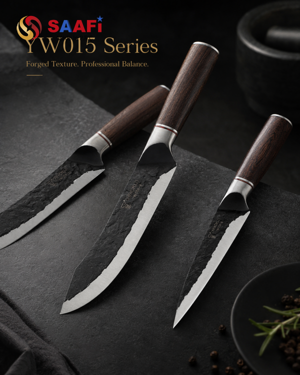Forged Texture Stainless Steel Chef Knife with Dark Wood Handle for Professional Kitchens