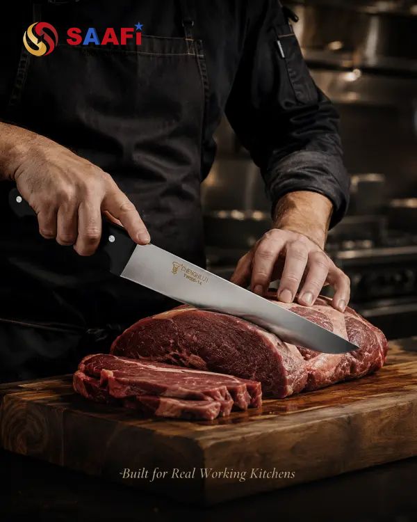 Professional Long Blade Butcher Knife with Black Triple-Rivet Handle for Commercial Kitchens
