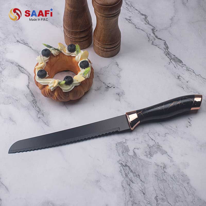Luxury Black Marble Handle Knife Set with Rotating Acrylic Block And Rose Gold Finish