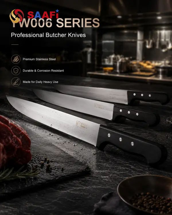 Professional Long Blade Butcher Knife with Black Triple-Rivet Handle for Commercial Kitchens