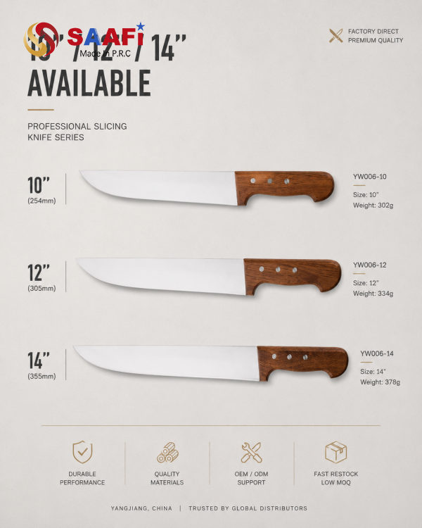 Professional Stainless Steel Slicing Knife with Wooden Handle for Commercial Kitchen & Butcher Use