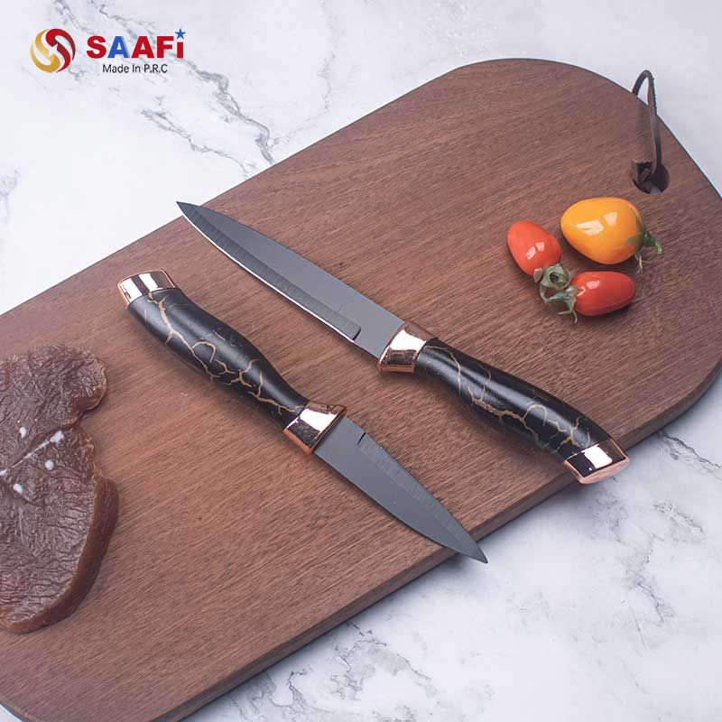 Luxury Black Marble Handle Knife Set with Rotating Acrylic Block And Rose Gold Finish