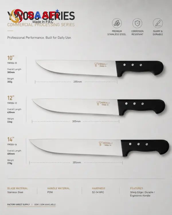 Professional Long Blade Butcher Knife with Black Triple-Rivet Handle for Commercial Kitchens