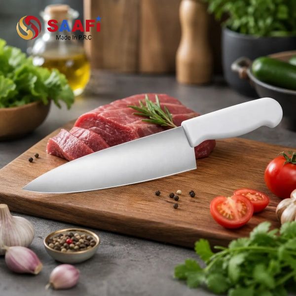 Professional Stainless Steel Chef Knife with Ergonomic White Handle – Razor Sharp Kitchen Knife for Meat & Vegetables